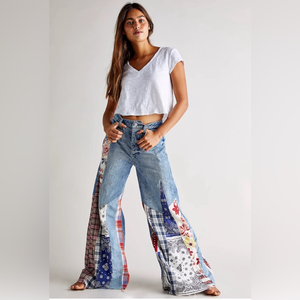 Free People Patchwork Flare Jeans in Light Blue with Multicolor Prints